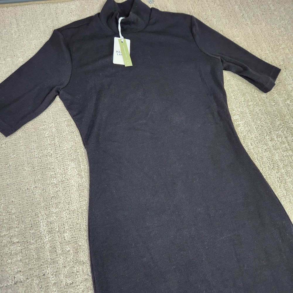 Marine Layer Dress Women Small‎ Lexi Ribbed Mock Neck Midi Black Stretch NEW